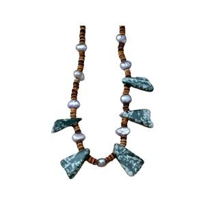 Moss Agate, Pearl and Sterling Silver Tab Necklace